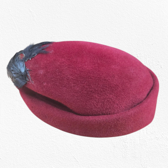 1950s Vintage Burgundy Wool Hat Black Feathers Mid-Century Formal Fascinator - Picture 4 of 10